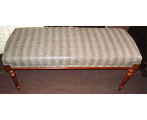 STOOL, Victorian and later walnut with grey snakeskin effect upholstery, 117cm W x 45cm D, adapted. 