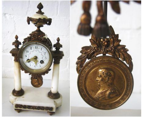 PORTICO MANTLE CLOCK, late 19th century French white marble and gilt metal, the pendulum bob with relief plaque of Napoleon, 