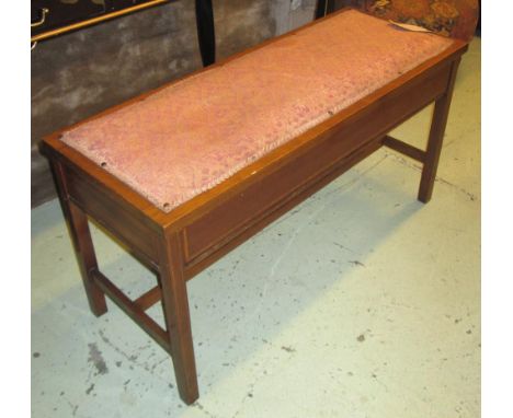 DUET STOOL, Edwardian mahogany and satinwood banded with hinged padded seat, 100cm W x 38cm D.