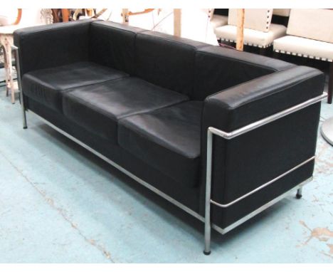 SOFA, three seater, Corbusier style black leather in tubular chrome frame, 200cm L x 80cm W x 70cm H. 