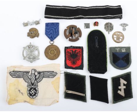 Grouping of Third Reich Insignia, mostly of Waffen-SS nature, including shoulder strap, collar patches, cuff title, enamel sp