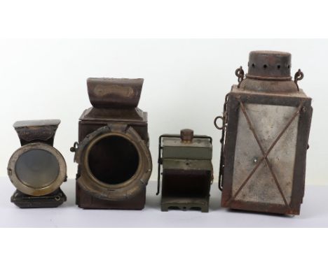 WW1 Trench Lantern and other Lamps: Trench lantern has broken glass to one side, with WD lamp, Lucas Silver King lamp and WW2