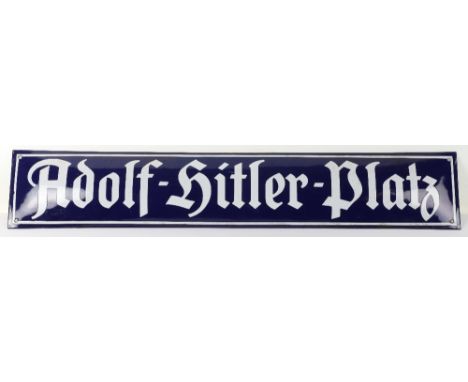 Enamel Adolf Hitler Platz Street Sign, blue enamel rectangular street sign with white gothic lettering to the centre. Drill h