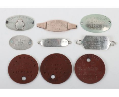 Selection of Royal Naval Reserve and Volunteer Reserve Identity Discs, including a rectangular bracelet tag engraved “CAPT EV