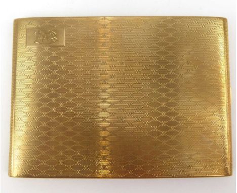 A George V hallmarked 9ct gold large cigarette case, with engine turned diamond pattern, square lozenge to the front, upper l