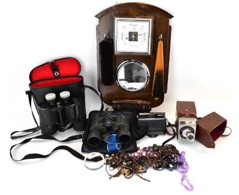 A collectors' lot to include costume jewellery, a hall barometer set with mirror and brushes, length 46cm, two pairs of binoc