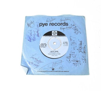 WORLD CUP 1970; 'Back Home' single bearing signatures to sleeve, including Ray Wilson, Alan Ball, Roger Hunt, Bobby Moore, et