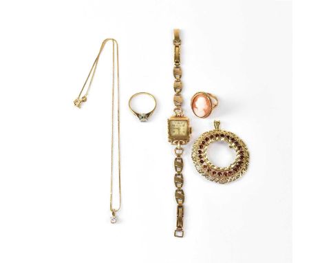 A group of 9ct gold items to include a cameo ring, ladies' dress watch, brooch, etc, combined approx. 16g.