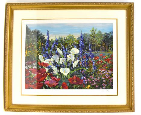 JOHN POWELL; a limited edition serigraph print depicting lilies and other garden flowers, no.15/350, signed and numbered in t