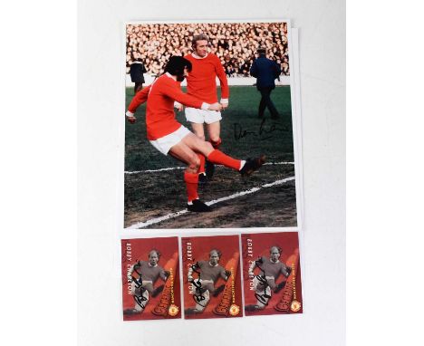 MANCHESTER UNITED; a colour photograph signed by Dennis Law and three Bobby Charlton signed collectors' cards (4).Condition R