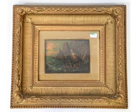 UNATTRIBUTED; a 19th century oil on canvas, artist with easel and canvas, sat on the shoreline painting, unsigned, 12 x 16cm,