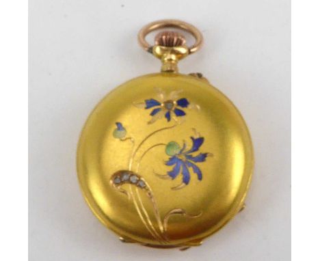 An 18ct gold vintage full hunter crown wind fob watch, coloured enamelled floral decoration with tiny rose cut diamonds to th