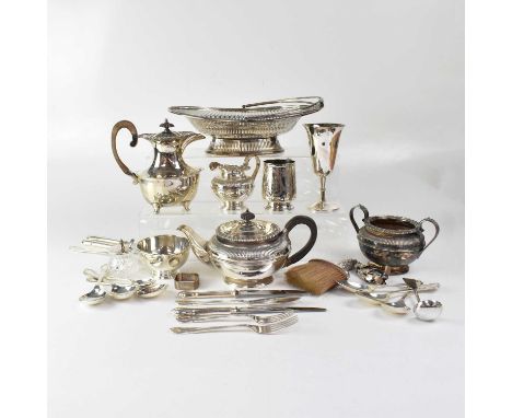 A small quantity of silver plated items, to include a large twin-handled tray, a quantity of flatware, a pierced footed swing
