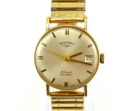 ROTARY; a gentlemen's 9ct gold wristwatch, the silvered circular dial set with baton numerals, with calendar window at 3 o'cl