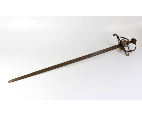 An 18th century basket hilted sword, length 85cm.Condition Report: Lacking scabbard, very well rusted. Part of the quillon ba