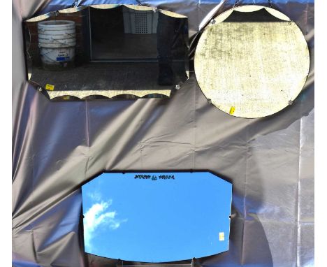 Three small vintage wall mirrors, comprising a circular bevel edged mirror, diameter 40cm, a rectangular bevel edged mirror, 