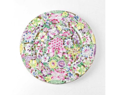 A Chinese polychrome decorated plate with various flowers within printed black borders, four-character seal mark to base, 26.