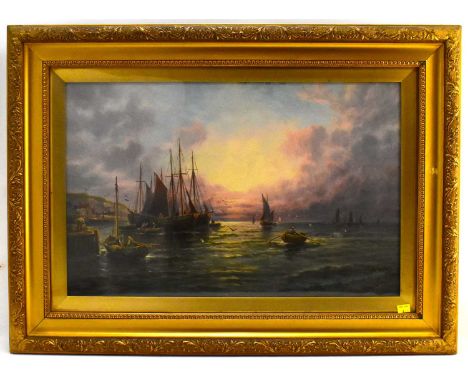 M. JACKSON (British, 19th century); oil on canvas, a seascape/harbour scene with fishing boat unloading catch, signed lower r