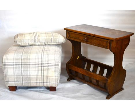 An oak magazine rack with table top and single drawer, a pouffe and matching cushion and an outdoor parasol and base.