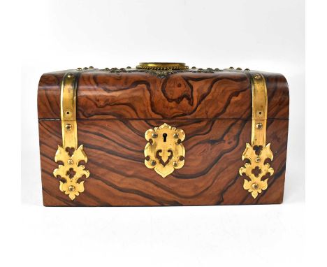 GEORGE BETJEMANN &amp; SONS, LONDON; a c.1860 burr walnut and brass bound jewellery casket, with inlaid floral cartouche to t