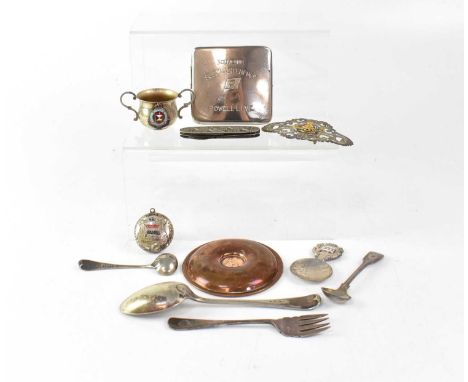 Various shipping line souvenir collectibles comprising Quebec SS Co preserve fork, Star Line mustard spoon, Union Line scisso