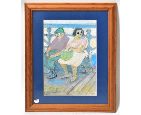 † JACK SHORE RCA (1922-2008); mixed media, two figures seated on a pier bench, with the beach and sea beyond, signed, 38 x 27