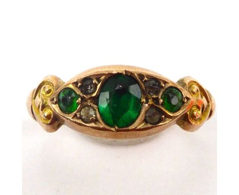 A Victorian 9ct gold green stone and tiny rose cut diamond ring, size O, approx. 1.4g.