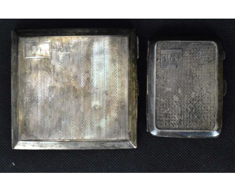Two hallmarked silver cigarette cases, 8.5 x 8.5cm, one initialled 'JE' to small panel top left, with engine turned decoratio
