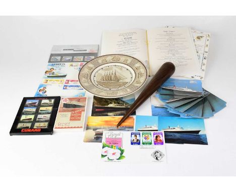 A quantity of ephemera relating to Cunard White Star QEII including menus, first day covers, stamps and postcards, a Wedgwood