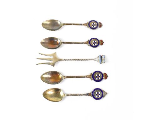Four silver commemorative spoons and a fork for the Orient Shipping Line, each with enamelled finials, fork for the RMS Orsov