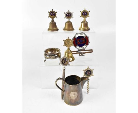 Various shipping line commemorative souvenir items to include sugar bowl, jug, bells, penknife, corkscrew, card badges for LB