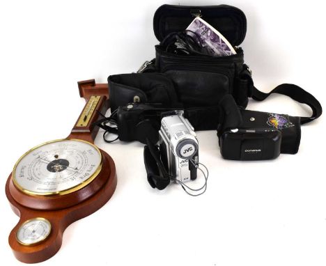 A modern 'Weathermaster' barometer and thermometer, height 57cm, together with three cameras, comprising a Canon Megazoom 105