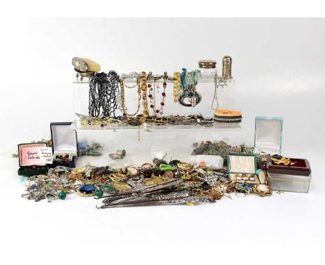 A mixed lot of costume jewellery to include silver rings, brooches, bracelets, beads enamelled brooches, cufflinks, white met