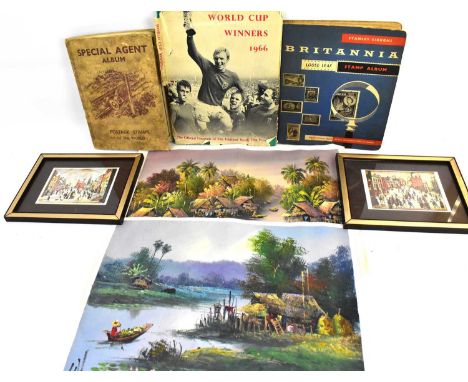 Mixed collectibles to include two hobby stamp albums, a World Cup Winners 1966 Official Souvenir of the World Cup book, conta