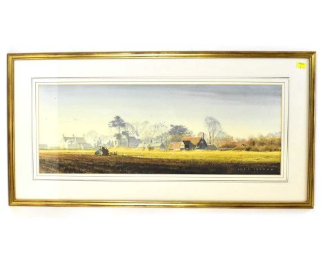 † ALAN INGHAM (1932-2002); watercolour, a long landscape depicting a tractor ploughing a field in a farmstead, 'Lambourne, Es