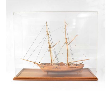 A scale model of 'Le Hussard', French Navy rig/schooner built in 1845, scale 1:50, contained within a Perspex case, 63 x 76 x