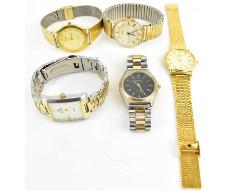 Five gentlemen's watches comprising a Rotary gold plated head and strap, two Sekonda examples, a Citron example, and a Rojas 