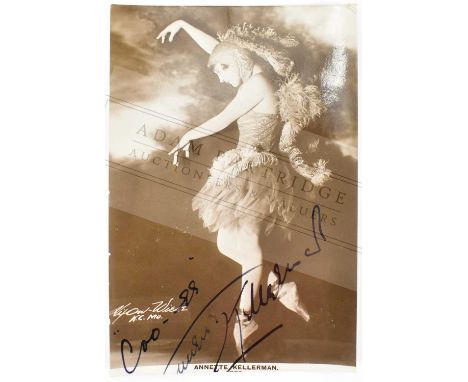 ANNETTE KELLERMAN (1886-1975); a signed lobby card depicting Annette in a dancing ballerina pose, signed in pen, 13 x 8.5cm.F