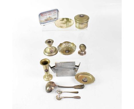 A mixed lot of shipping line commemorative souvenir items to include a soup ladle, menu holder, dish and paperweight for BI, 