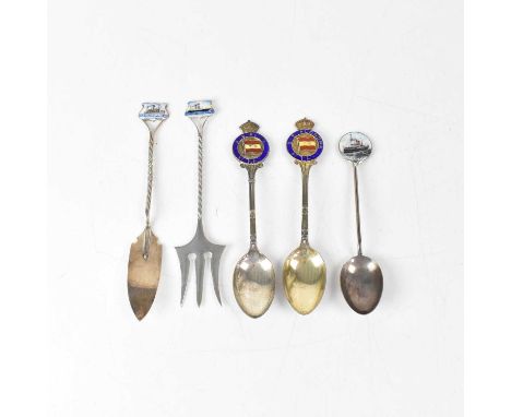 Five silver commemorative spoons, knife and fork for shipping lines, Nelson IOMSP Co, United States and Yeoward, comprising S