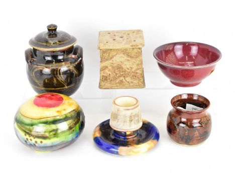 Five items of modern studio pottery comprising a Priscilla Fursdon (Wirral) square pot with X-shaped holes, possibly hat pins