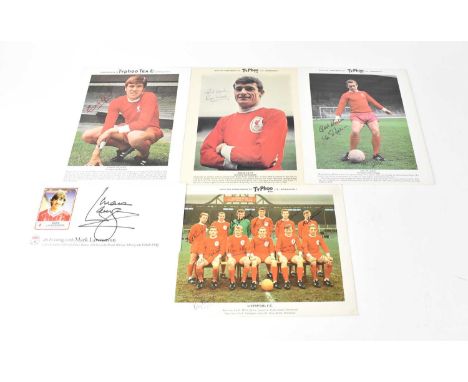 LIVERPOOL FC; four PG Tips collectors' cards bearing signatures of Ian St John, Emlyn Hughes, |Roger Hunt, and an envelope si