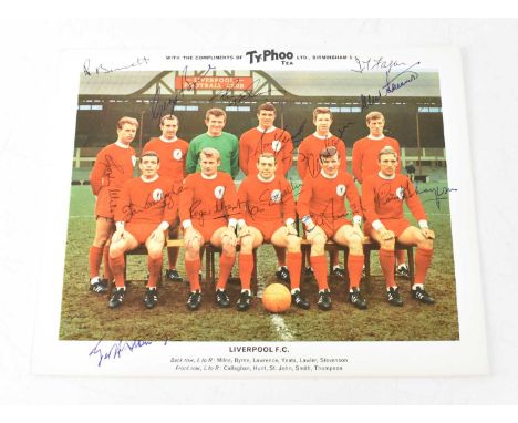 LIVERPOOL FC; a Typhoo Tea collectors' card bearing the signatures of the 1965/66 team to include Ian Callaghan, Roger Hunt, 