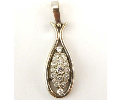A white gold and diamond necklace pendant, with a diamond cluster centre within an outer fish design mount with necklace hoop