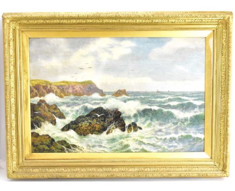 INDISTINCTLY SIGNED; oil on canvas, seascape with rough tides on shoreline, with sailboats in the distance, signed lower left