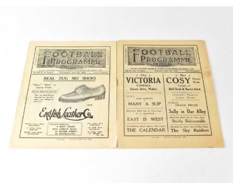 EVERTON/LIVERPOOL FOOTBALL CLUBS; two early football programmes, May 3rd 1933 and May 7th 1932, 'The only programme published