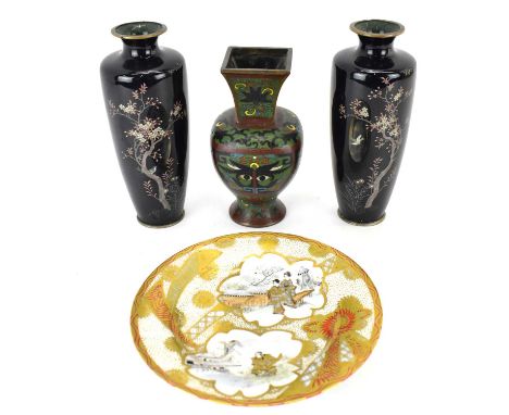 A pair of late 19th/early 20th century cloisonné vases of tapered form, decorated with birds within cherry blossoms, silver-c