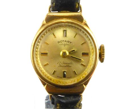 ROTARY; a ladies' vintage 9ct gold wristwatch, the gold circular dial set with baton numerals, crown wind seventeen jewel mov