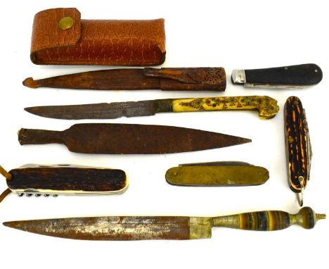Two 19th century Middle Eastern daggers, one with bone and brass inlaid handle, length 24cm, the other with a polished horn h