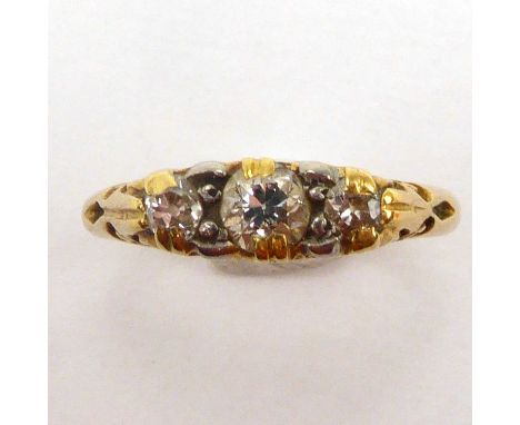 An 18ct gold three-stone diamond ring, size M, approx. 3.2g.